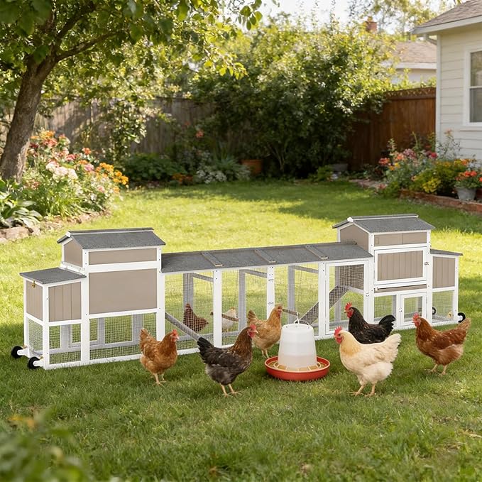 Chicken Coop Mobile Wooden Hen House with Nesting Box,166.4" L Outdoor Chicken House with 4 Wheels and Removable Tray,Fir Wood Chicken Tractor with 12 Ventilation Doors and 2 Ramps,Grey