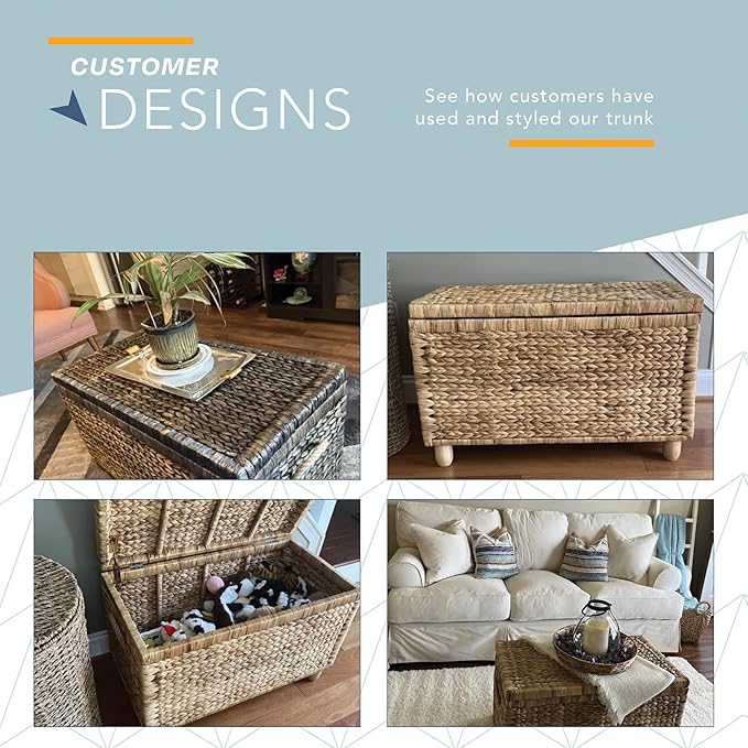 ClickDecor Storage Trunk, Farmhouse Style, Extra Large (33”), Deep, Woven Wicker Chest With Metal Frame, 2 Handles, Flip Top Lid and Stay Open Safety Hinges, Sustainable Eco Material, Natural Wicker