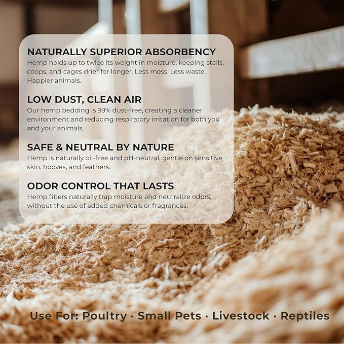 Premium Hemp Animal Bedding for Chickens, Livestock & Small Animals | Highly Absorbent, Low Dust, Natural Odor Control | Coop, Stall & Nesting Bedding | USA Grown Hemp (15lb)