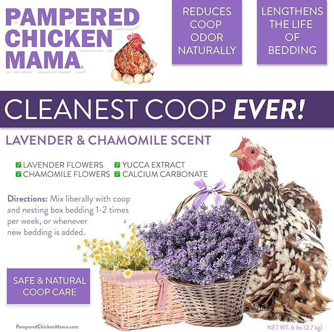 Pampered Chicken Mama Cleanest Coop Ever! Chicken Coop Deodorizer & Bedding Refresher | Moisture Absorbing Odor Eliminator | Coop Refresher for Chickens (Lavender & Chamomile Scent, 8 pounds)