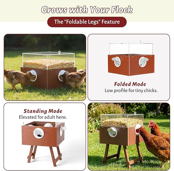 KOL No-Waste Chicken Feeder, 17LB Poultry Feeder with 4 Anti-Spill Ports, Clear-View HIPS & Acrylic Design, Foldable Stand for Hens and Chicks – Automatic Gravity-Flow Feeder