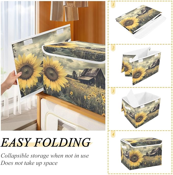 Sunflower Farm Storage Basket Bins with Lid, Collapsible Flip-top with Handle for Home Office 16.5×12.6×11.8 in