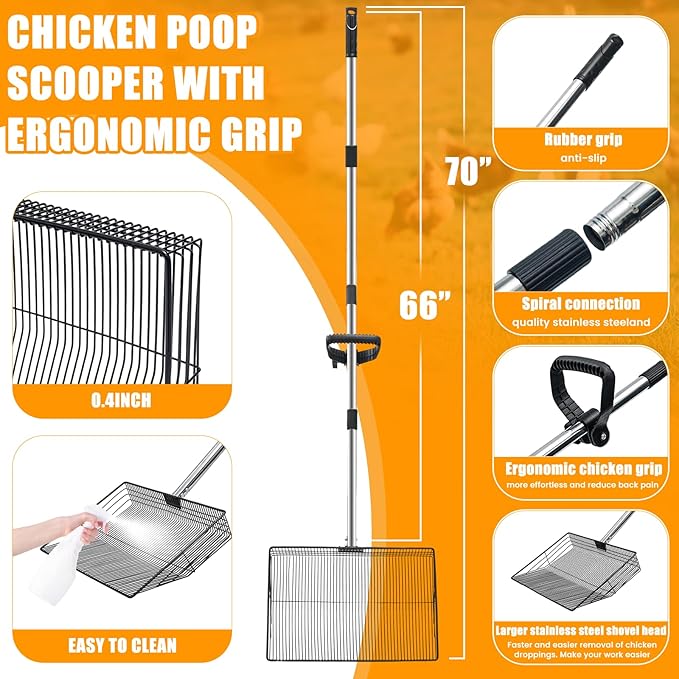 15inch Heavy-Duty Chicken Poop Scooper with Ergonomic Grip, Chicken Coop Scoop with Adjustable Stainless Steel Handle (24-70"), 4-in-1 Litter Sifting Shovel for Chicken Coop Accessories