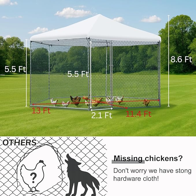 Outvita Large Metal Chicken Coop, Hexagon Walk in Chicken Run for Yard with Waterproof Cover, 13 x 11.4 x 8.6FT, Heavy Duty Steel Frame, Large Poultry Cage for Dog Kennel, Duck Coop and Hen House