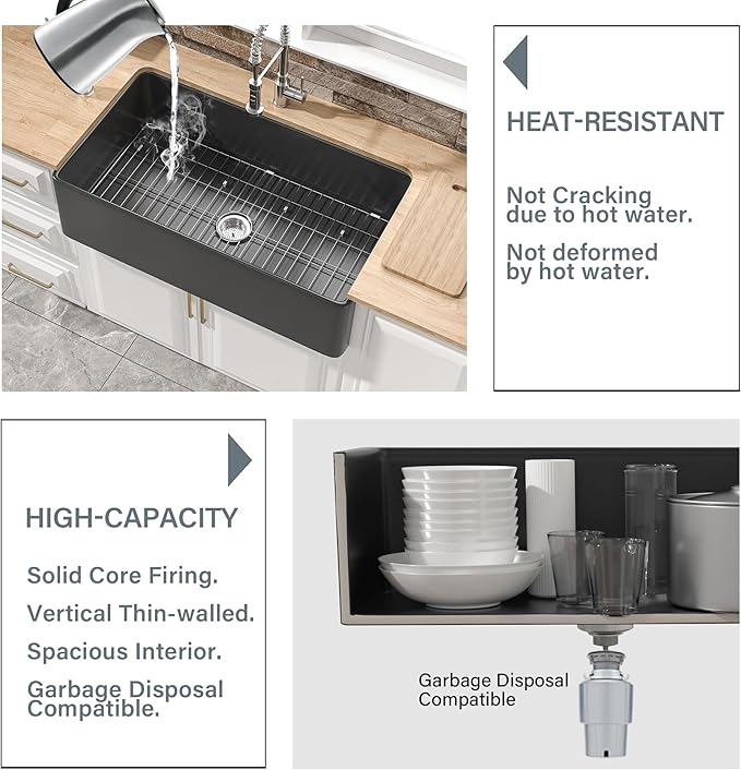 Extra Large Black Farmhouse Sink 36 x 20 Inch, MIN. Base Cabinet Size: 24"Dx39"W, Firecaly Apron Front Undermount Farm Sink Deep Single Bowl for Kitchen, w Accessories 2 Types