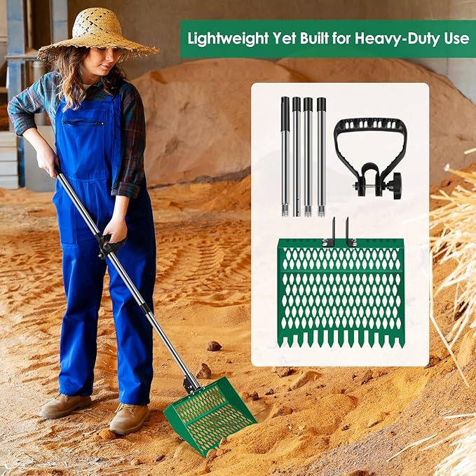Adjustable Chicken Poop Scooper & Rake - Heavy Duty 3-in-1 Stainless Steel Manure Shovel with Long Handle Multi-Angle Scoop for Stand Up Coop Cleaning Cat Litter & Beach Sand, Green