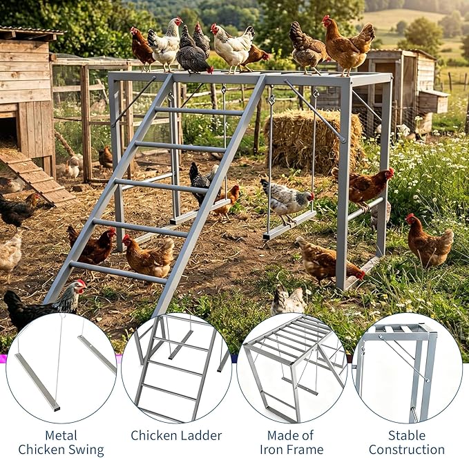 Heavy Duty Metal Chicken Perch with Swing & Ladder - Multi-Level Roosting Bars for 8-10 Chickens - Exercise Playground & Coop Accessory - Silver-Gray