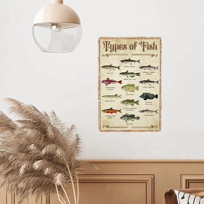 Fish Vintage Aluminum Sign Metal Types Of Fish Poster Wall Decor-Retro Fishing Decor Metal Tin Sign for Home Lake House Decor Bedroom Kitchen, Signs Gift,12''x 8''