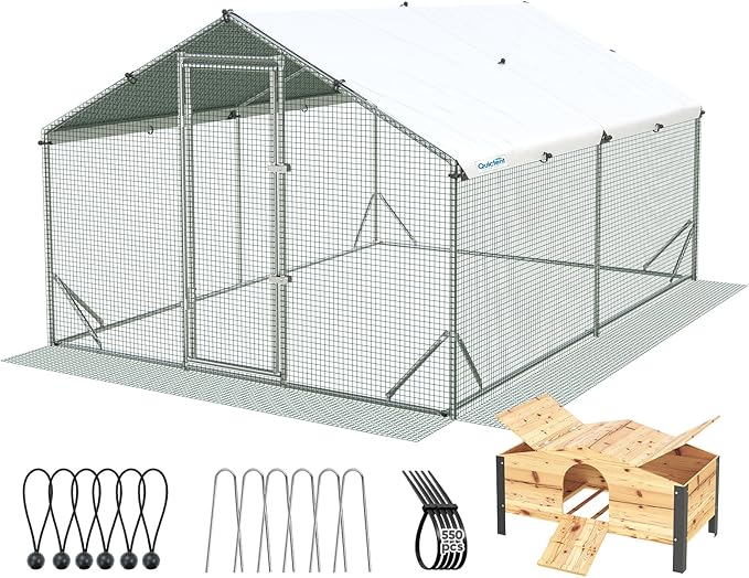 Quictent Advanced Series 12x9 ft Metal Chicken Coop Run with Wooden Nesting Box, Large Walk-in Outdoor Poultry Cage Heavy Duty Predator Proof Hen Duck Rabbit Farm Pen House, Waterproof Anti-UV Cover