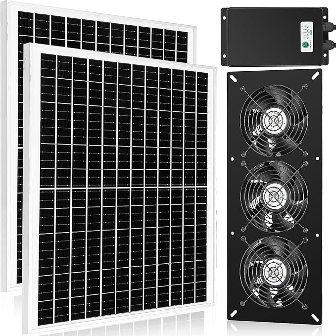 Solar 3 Fan Kit with 66.6 Wh Battery Backup, 50W Solar Panel Powered Rechargeable Weatherproof Fans for Chicken Coop, Greenhouse & Shed