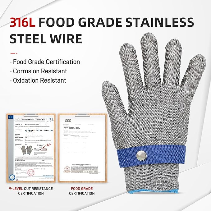 ANSI A9 Cut Resistant Glove,Stainless Steel Mesh Metal Glove,Food Grade for Kitchen Cooking, Butcher Meat Cutting, Oyster Shucking, Mandoline, Fishing,L,2 pcs