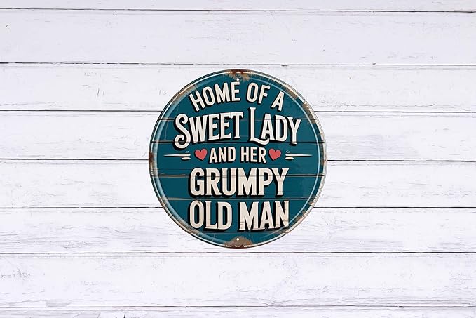 AWISZZZ Home of Sweet Lady Grumpy Man Metal Sign 8x8in Round Rustic Plaque for Porch Wall Decor Couples Humor Gift