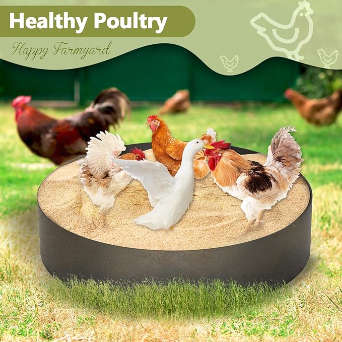 Chicken Dust Bath Tub, Round Chicken Lime Grit Container, 25in X 5.9in Ajustable Size with 10PCS Nails, Bottomless Design for Chickens Ducks Turkeys Outdoor Use, Chicken Coop Accessories