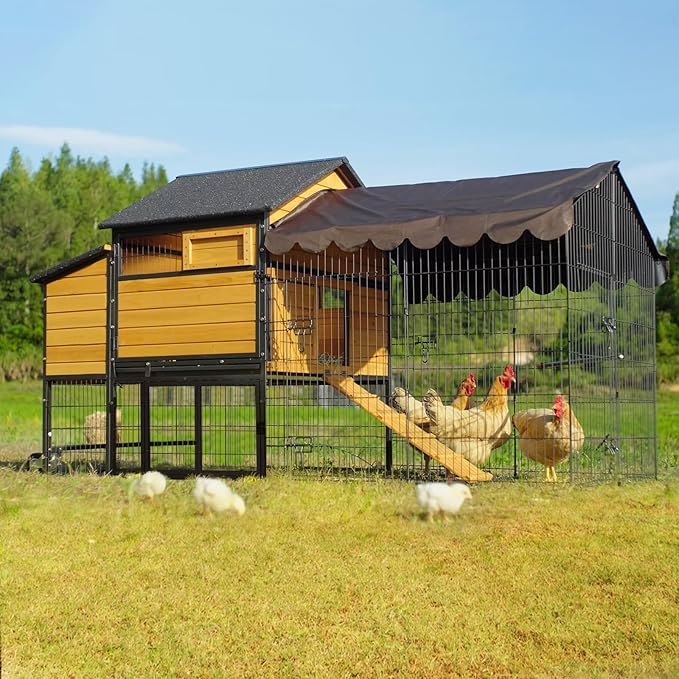 Mobile Chicken Coop,Large All-Steel Frame Hen House for 6-8 Chickens Poultry Cage with Nesting Box Metal Run,Waterproof Rain Cover Duck Coop