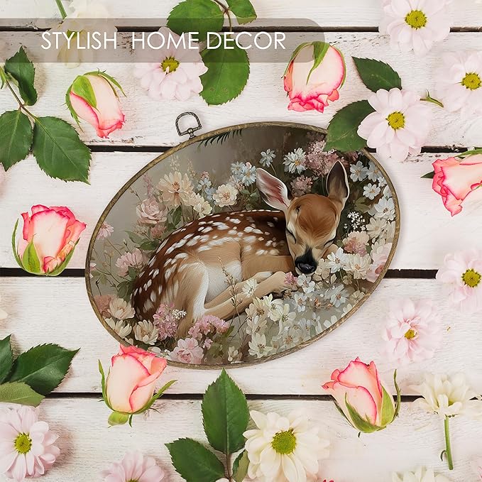 Fewgb Floral Fawn Deer Oval Wall Art Decor Framed, Vintage Cottagecore Cottage Core Canvas Wall Art Prints Picture, Spring Forest Farmhouse Hanging Room Decor for Nursery Bedroom Kids Room 9x12