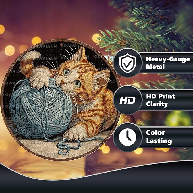 Vintage Orange Tabby Round Metal Sign Retro Yarn Ball Tin Sign Nostalgic Cat Lovers Wall Decor Decorations for Home Bedroom Living Room Cafe Bar Bathroom Shop 12 * 12 In