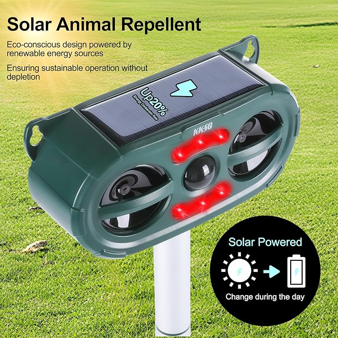 2025 Upgraded Solar Ultrasonic Animal Repellent Outdoor Indoor, Waterproof Motion Activated Deterrent Repel Deer Cat Dog Bird Rabbit Squirrels Raccoon Skunk with Red-White Flash Lights for Garden Yard