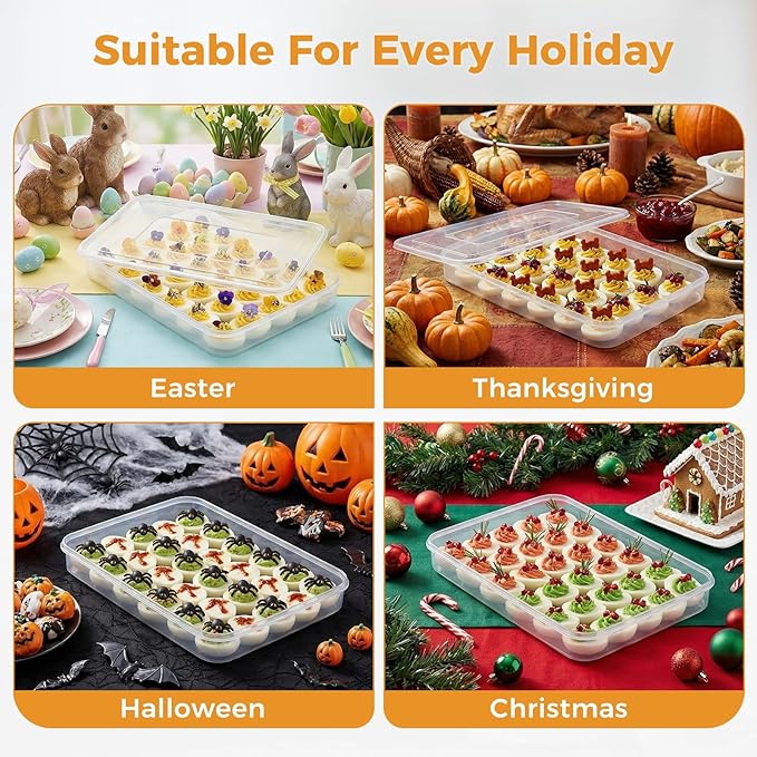 HANSGO Deviled Egg Containers with Lid, Set of 2, Plastic Clear Deviled Egg Tray Holder Carrier for 60 Eggs, Suitable for Refrigerator, Home, Party, Kitchen Supplies, Stackable & Portable