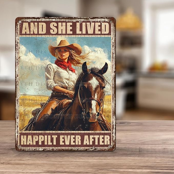 Vintage Wall Decor Cowgirl Art Nostalgic Tin Sign for Horse Lovers for Home Office Kitchen Bar Cafe Garden Wall Decor 12 * 16inch