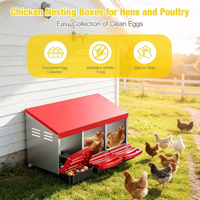 Aivituvin Chicken Nesting Box, 3 Compartments Chicken Egg Laying Box, Metal Nesting Boxes with Swing Perch for Chickens, Roll Away Egg Collection for Chicken Coop (Red)