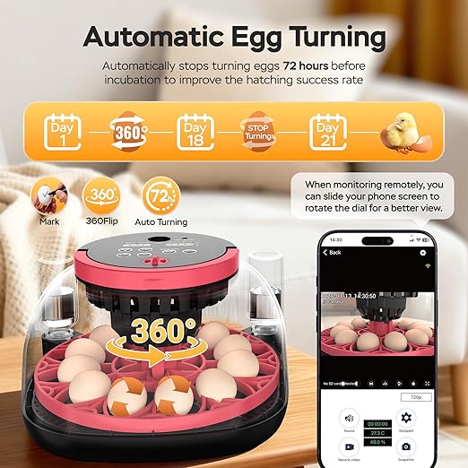 Incubators for Hatching Eggs with Automatic Egg Turning and Humidity Control, with Remote APP Control, 12 Egg Capacity, for Chicken Duck Pigeon Quail