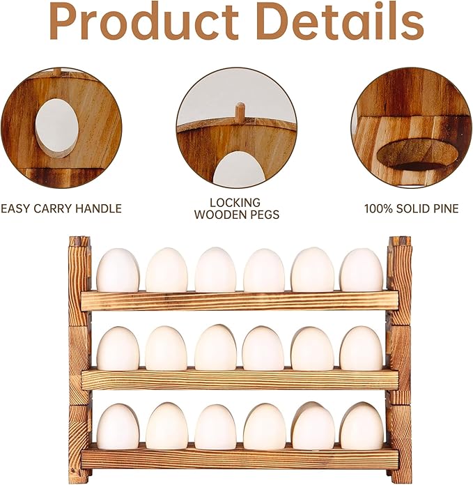 Wooden Egg Holder, 3 Tier 36 Egg Capacity, Farmhouse Egg Holder for Countertop, Stackable Egg Storage Rack for Fresh Eggs, Rustic Wooden Egg Organizer with Handles for Kitchen Counter