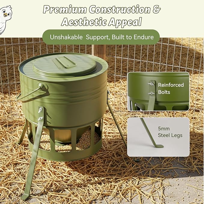 KOL Metal Chicken Feeder - 20lbs No Waste Chicken Feeder with 12 Ports, Powder Coated Rust-Proof Design & Smooth Edges for Safe Feeding (Avocado Green)