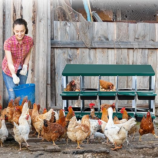 Garvee Chicken Nesting Boxes, 10 Hole Chicken Laying Box with Removable Trays and Roll Out Egg Collection for Chicken Coop, with Metal Legs, Green