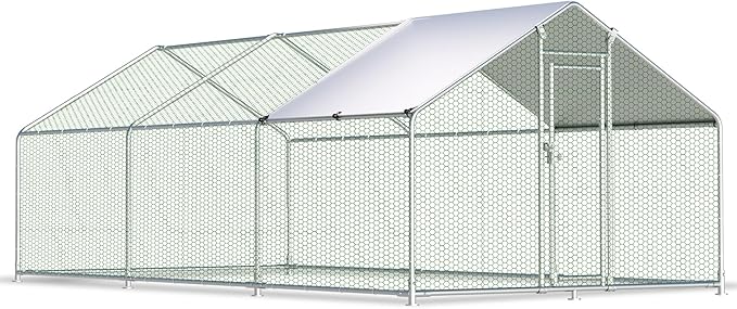 Large Metal Chicken Coop 19.2x9.84x6.6ft Chicken Runs for Yard with Cover, Walk-in Chicken Coops for 20 Chickens, Heavy Duty Chicken Run Lockable Chicken Pen Outdoor Poultry Cage