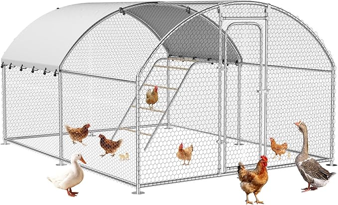 Large Metal Chicken Coop with Roosting Perch, Waterproof and UV-Resistant Cover, Outdoor Walk-in Cage Hen House for Yard Farm Rabbit Duck Chicken Run Dome Roof (10’ W x 13.2’ L x 6.4’ H)
