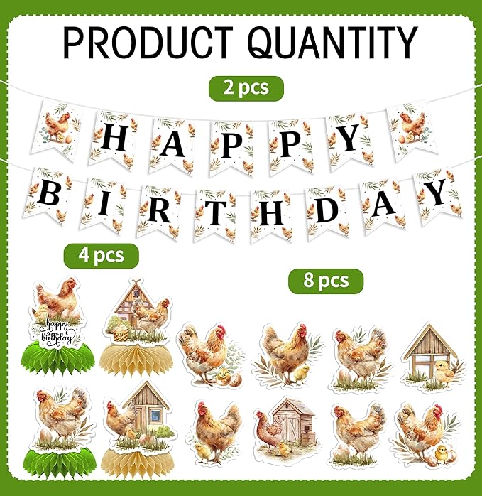 Chicken Birthday Party Decorations - 14 Pcs Happy Cute Banner Hanging Swirls Honeycomb Centerpieces Set Farm Animals Chick Hen Themed Supplies Favors for Kids Boys Girls Wall Ceiling Decor