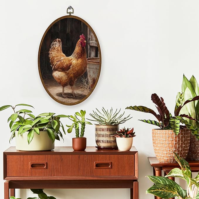 WULQYING Vintage Farmhouse Chicken Wall Art Decor, Rustic Country Chicken Oval Framed Canvas Art Prints, Retro Cottagecore Farm Animal Wall Hanging Decor for Home Bedroom Living Room, 8.6x11.4 Inches