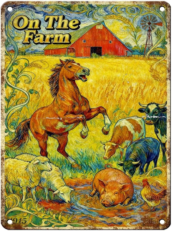Vintage Farmhouse Tin Sign Cow Sheep Pig Chicken Retro Metal Sign Funny Animal Lovers Nostalgic Rustic Wall Decor For Home Farm Yard Outdoor Cafe 16 * 12In
