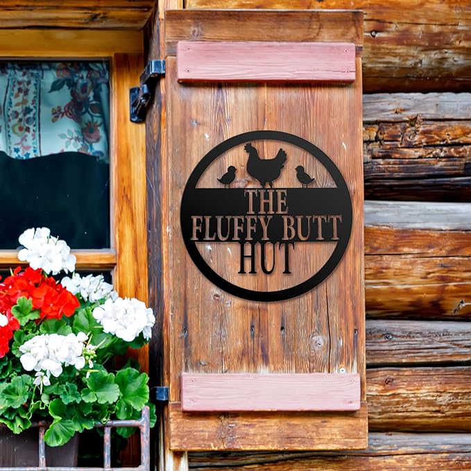 Pangda Chicken Coop Decor 11.8" Fluffy Butt Hut Sign Chicken Coop Signs Metal Accessories Kitchen Farmhouse Wall Art Retro Vintage Wall Art for Hen Lovers and Home Kitchen Decoration (Black)