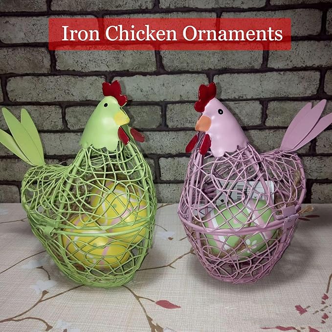 Chicken Wire Egg Basket Egg Holder Farmhouse Rustic Vintage Rooster Decor Chicken Shaped Egg Basket Fruit Storage Wire Basket For Collecting And Countertop Storing Egg (Pink)