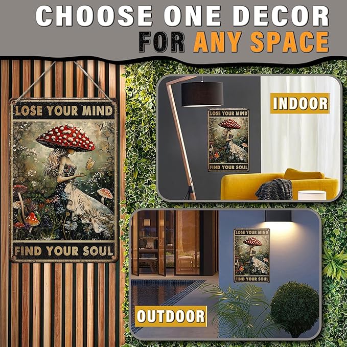 PEACHGARDEN Mushroom Kitchen Decor Mushroom Hunter Decor Lose Your Mind Find Your Soul Metal Tin Sign Vintage Wall Art for Home Kitchen Bar Cafe 8x12inch