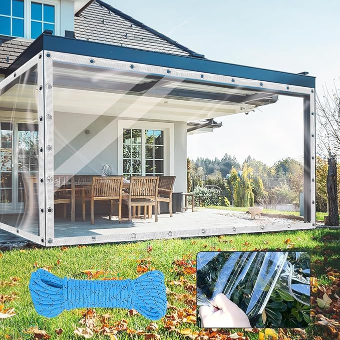 Clear Tarp 8x12ft Clear Tarps Heavy Duty Water Resistant,20Mil Thickened Transparent Tear Resistant PVC Vinyl Tarpaulin Enclosurewith Grommets and Reinforced Edges for Patio,Porch and Multipurpose
