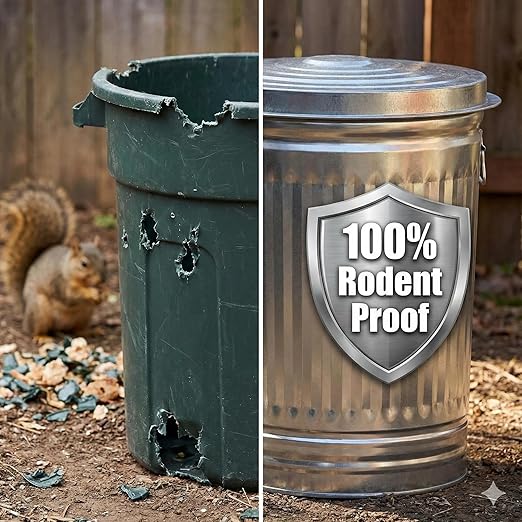 31 Gallon Galvanized Steel Trash Can with Lid - Heavy Duty Outdoor Metal Garbage Bin for Pet Food, Seed & Charcoal Storage - Rodent Proof, Weather Resistant & Rust Free