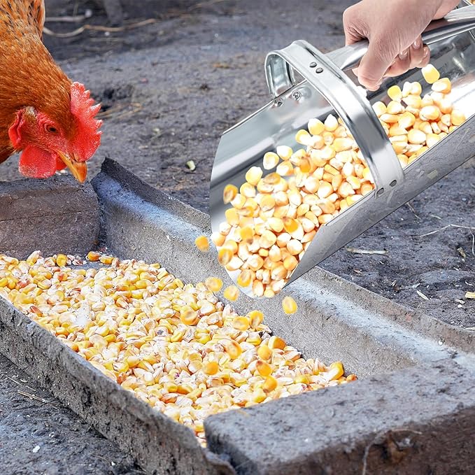 Domensi 2 Pcs Heavy Duty Metal Feed Scoops, Large 4 Qt & 2.5 Qt Galvanized Steel Horse Feed Scoop for Grain, Livestock, Chicken & Dog Food, Easy Clean