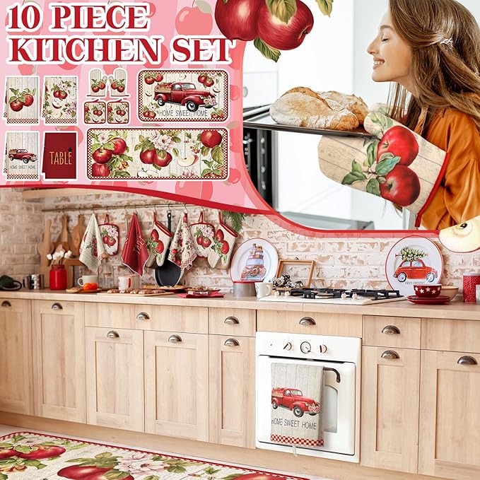 10 Pcs Apple Farmhouse Kitchen Decor Set Dish Towels Kitchen Rugs Oven Mitts and Pot Holders Set for Cooking Baking Grilling Women Mom Daughter Gift (Fruit Color)