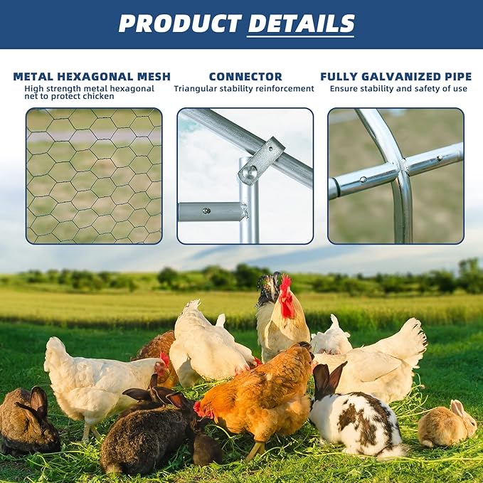 Outdoor Large Metal Chicken Coop Walk-in Poultry Cage Hen Run House Duck House Rabbits Habitat Cage Spire Shaped Coop with Waterproof and Anti-Ultraviolet Cover for Backyard Farm