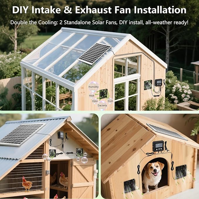 25W Solar Fan for Chicken Coop with Battery, Solar Exhaust Fan for Shed & Greenhouse, 3 Modes Controller (Continuous/Timer/Motion Sensor), Solar Powered Fan for Intake or Exhaust Vent Cooling (Black)