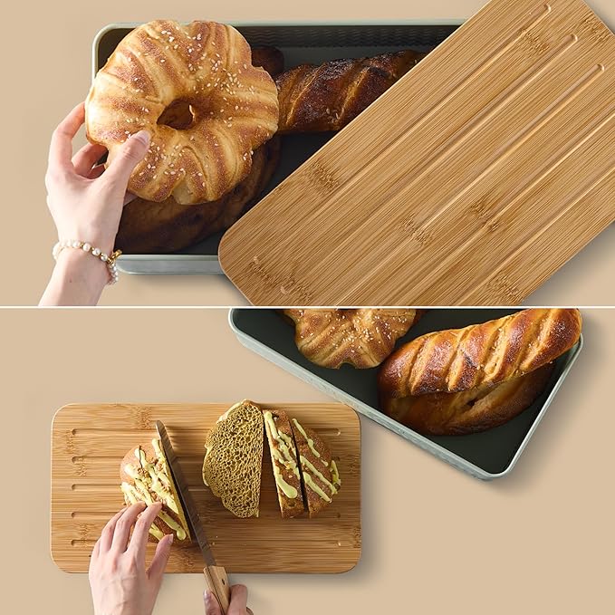 Bread Box for Kitchen Countertop - Metal Bread Storage with Bamboo Cutting Board Lid & Bread Knife, Corner Bread Container for Homemade Bread and Toast, Green