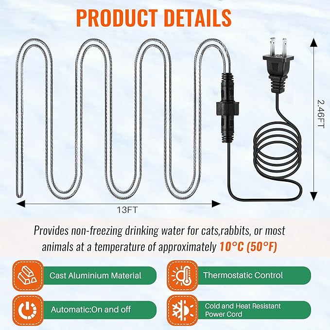 Chicken Water Heater, 60W 13FT Heated Poultry Waterer Cord for Winter, Freeze Proof Heated Waterer for Chicken Duck Geese, Stainless Steel Bird Bath Water Heater for Outdoor Buckets & Troughs