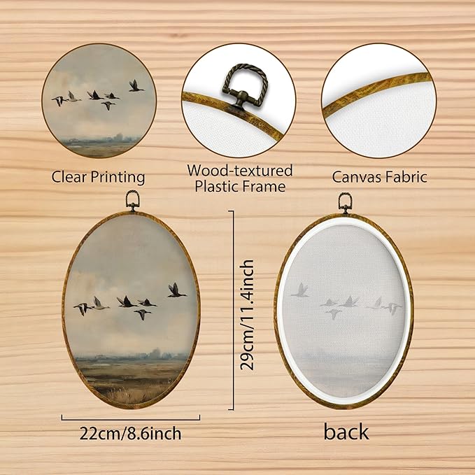 Hiuwevt Moonlight Floral Owl Oval Wall Art Decor, Vintage Farmhouse Waterfowl Framed Canvas Prints, Rustic Mallard Duck Oval Wall Hanging Decor for Country Farm Home Room Decorations, 8.6x11.4 Inches