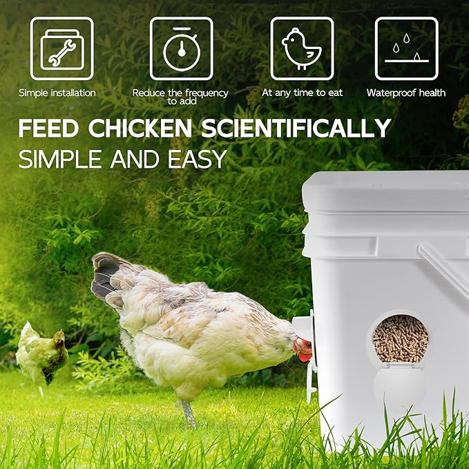 Chicken Feeder Port 12 Pack Poultry No Waste Port Kit with Stopper Lid, 1 Hole Saw, DIY Automatic Reusable Coop Feeder, Rain Proof Gravity Feeding Geese Duck Hens Rooster for Bucket Barrel Bin (White)