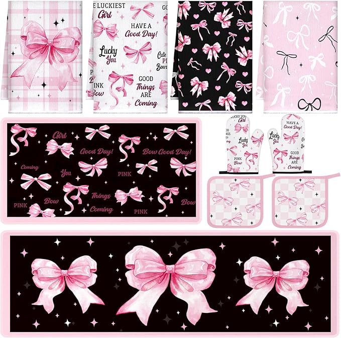 10 Pcs Bow Kitchen Dish Towels Rugs Oven Mitts and Pot Holders Set Farmhouse Kitchen Decor Set for Women Mom Daughter Gift Cooking Baking Grilling(Black, Pink)