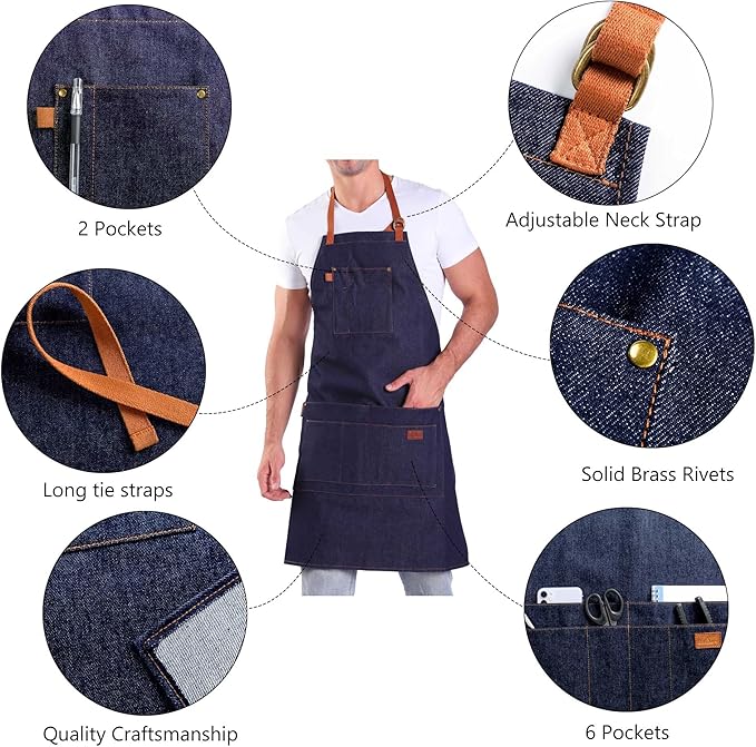Denim Apron with Pockets Tall Bib Apron Large with Long Ties Adjustable - Gifts for Men Women