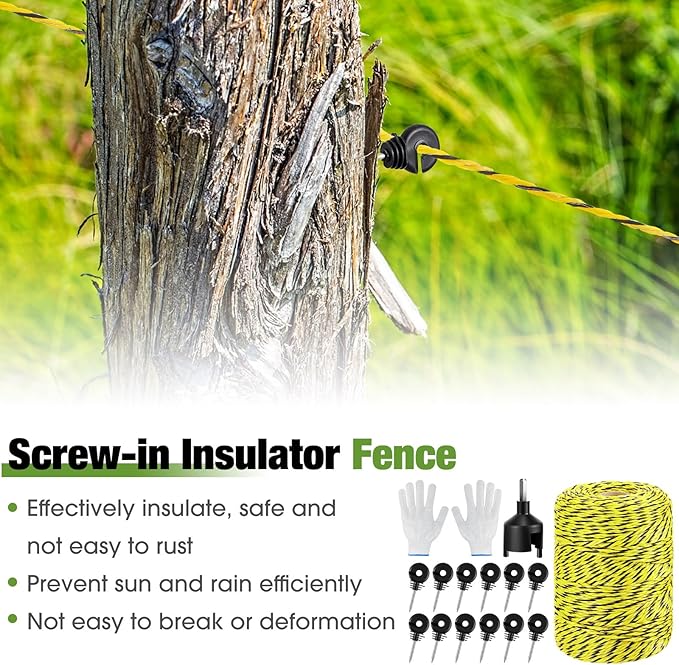 Sweetude 660 Feet Electric Fence Polywire and 100 Pcs Electric Fence Insulator with 1 Pcs Insulator Socket Tool Resistant Glove Electric Fence 6 Stainless Steel Strands for Fence Landowner Farmer