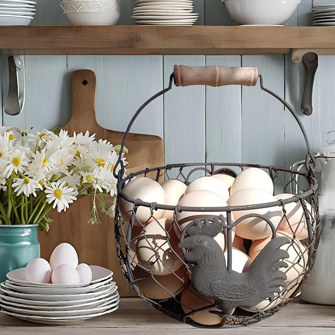 LINCOUNTRY. Wire Chicken Egg Basket for Gathering Fresh Eggs,Round Metal Egg Collecting Basket with Handle for Farmhouse Countertop Storage, Rustic Rooster Kitchen Décor Gift